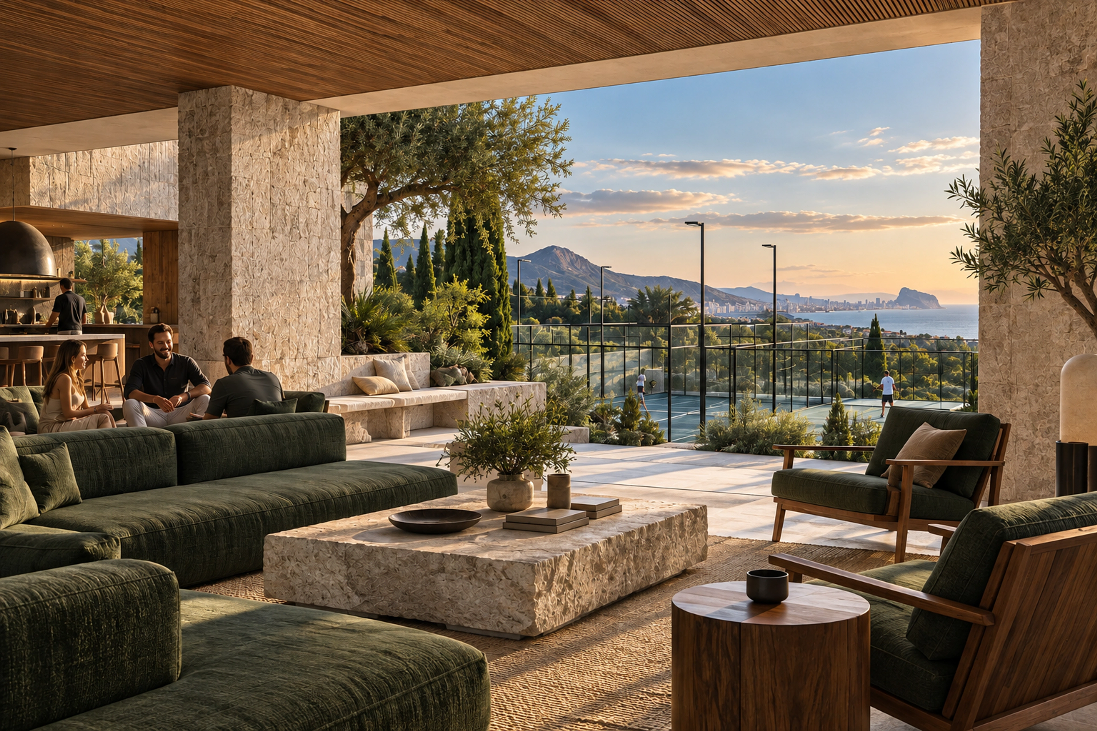 Concept visualization of The Capitol Club members lounge overlooking the padel courts and Mediterranean coast