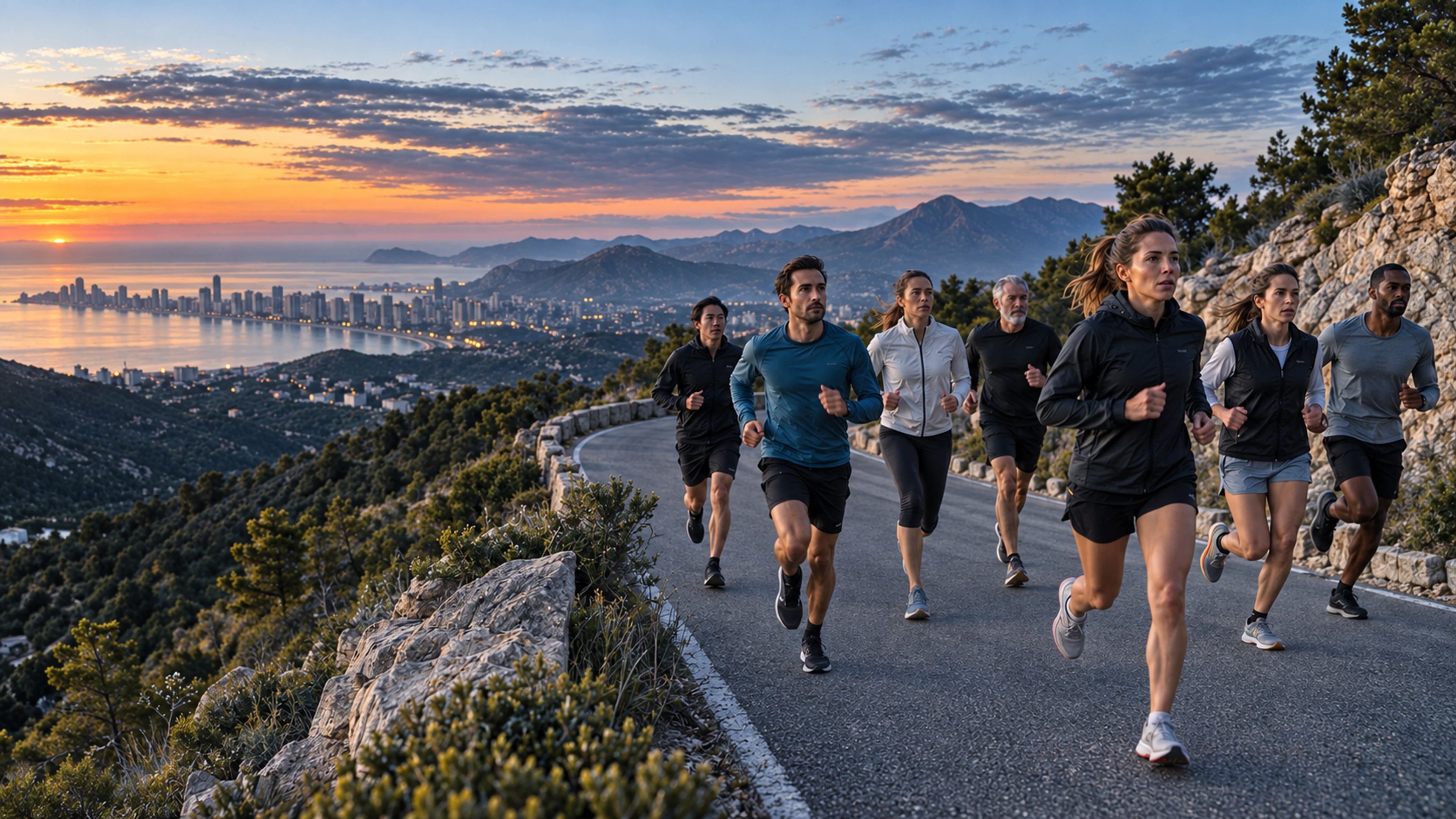 A diverse Morning Club group running together on a Sierra Cortina hillside road before sunrise