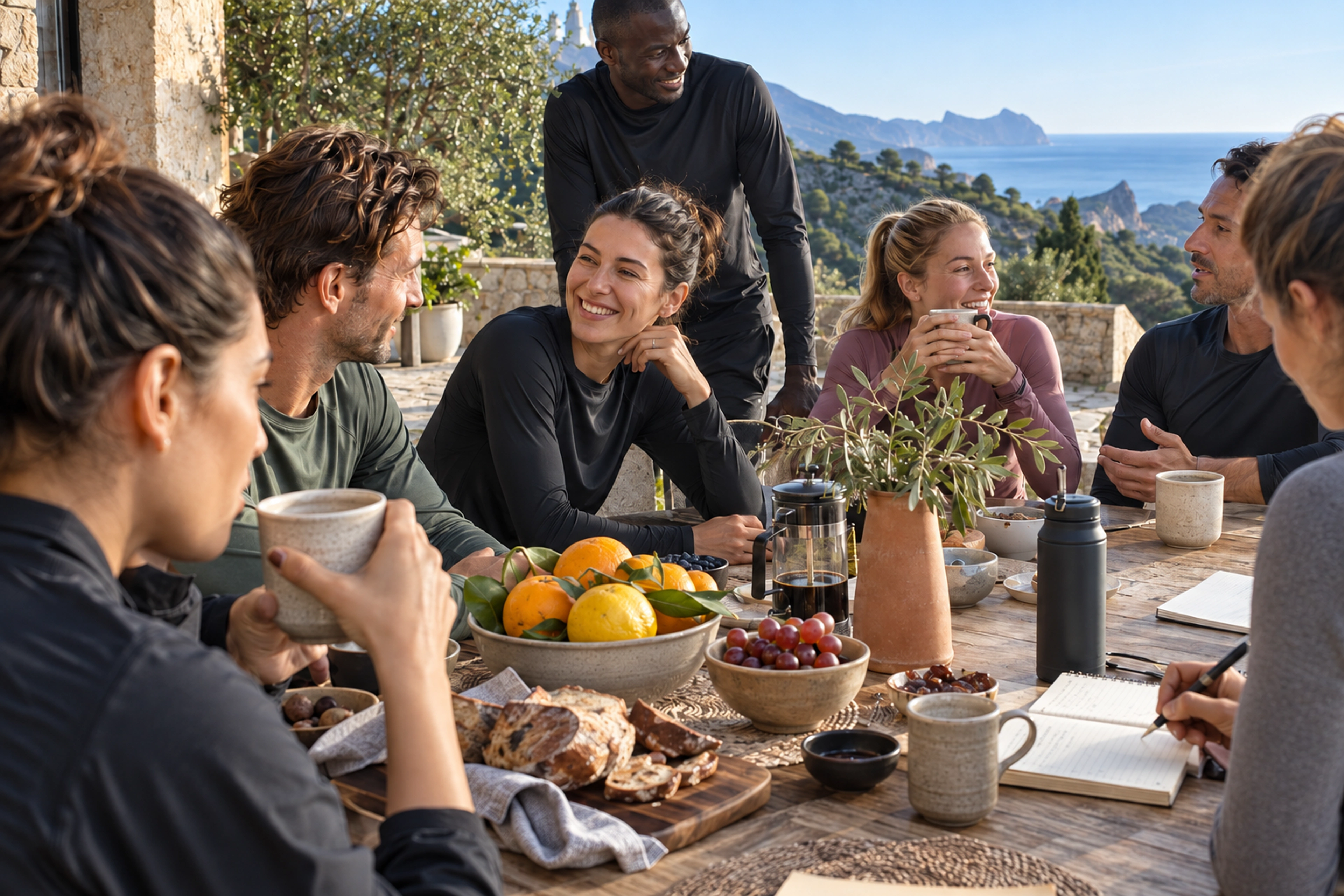 Morning Club members sharing breakfast and conversation on a Mediterranean terrace