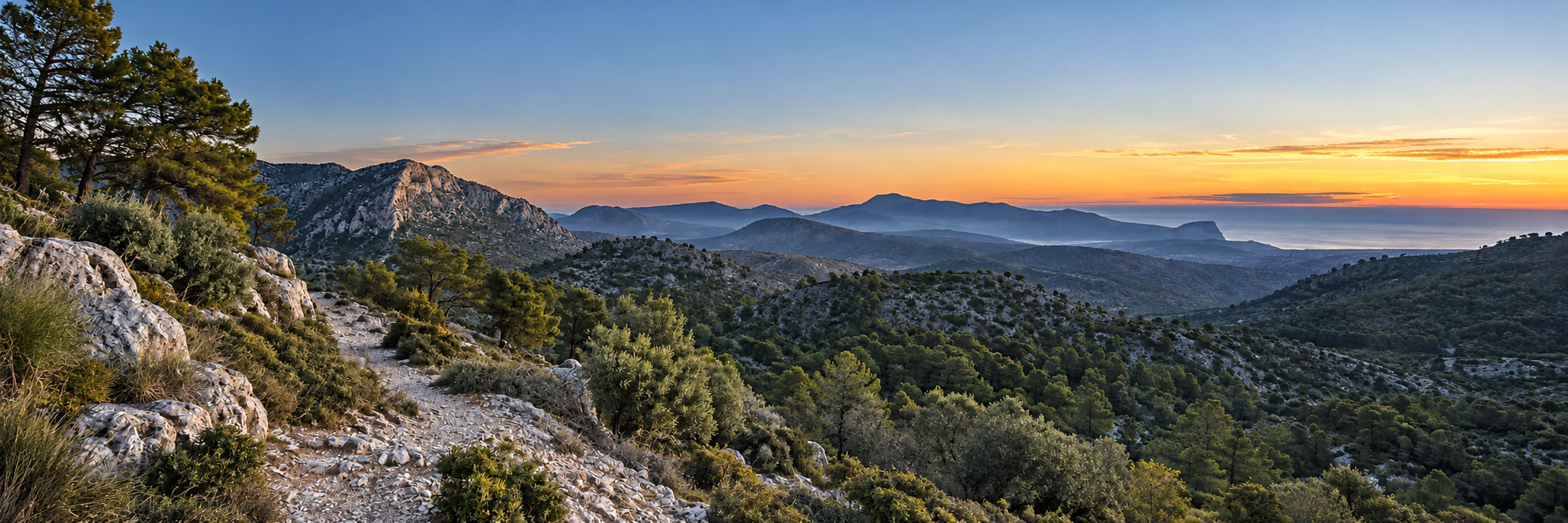 Sierra Cortina landscape at first light, with pine hills, limestone and the distant Mediterranean