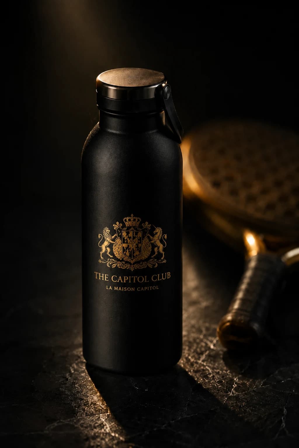 Black monogrammed water bottle with gold M insignia on dark slate — club equipment