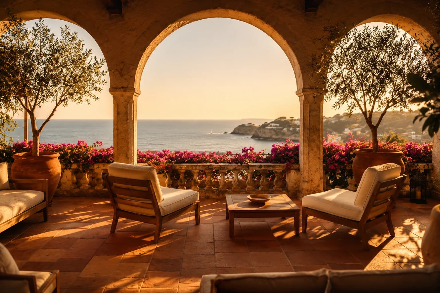 The Capitol Club — white arched Mediterranean colonnade, rattan furniture, terracotta tiles, sea view