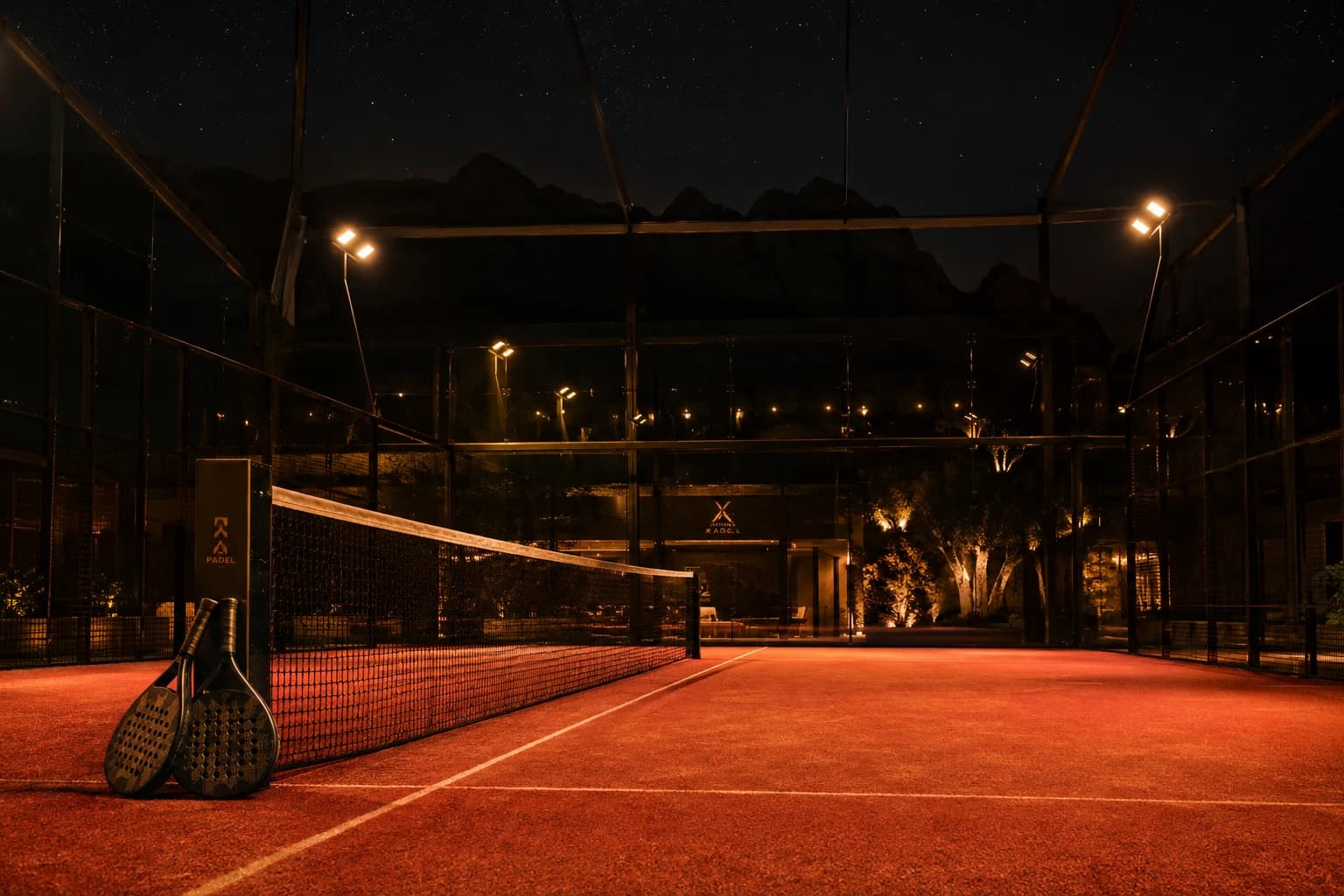 Championship padel court at night — clay surface, glass walls, rackets at the net
