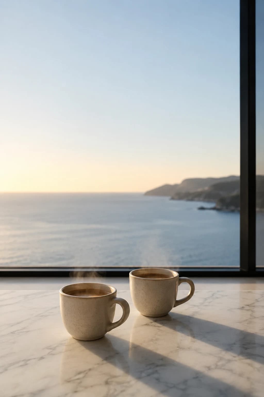 Morning espresso on marble — Mediterranean sea view at dawn