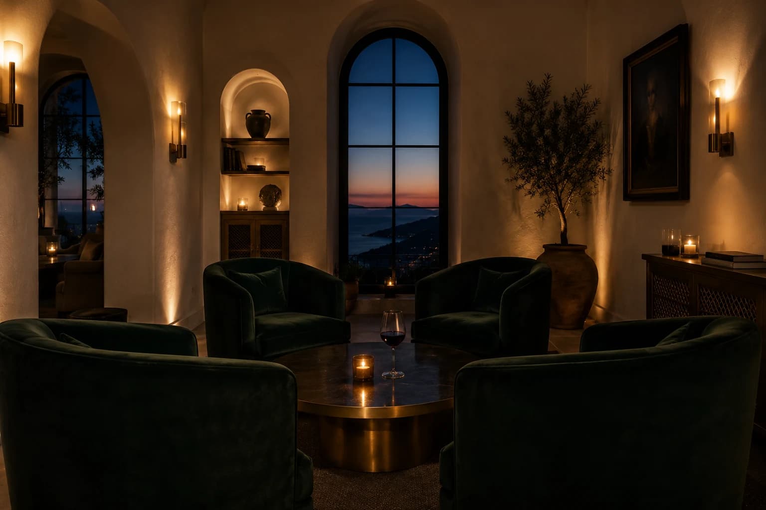 The Capitol Club lounge — green velvet armchairs, brass table lamp, twilight sea view through arched windows