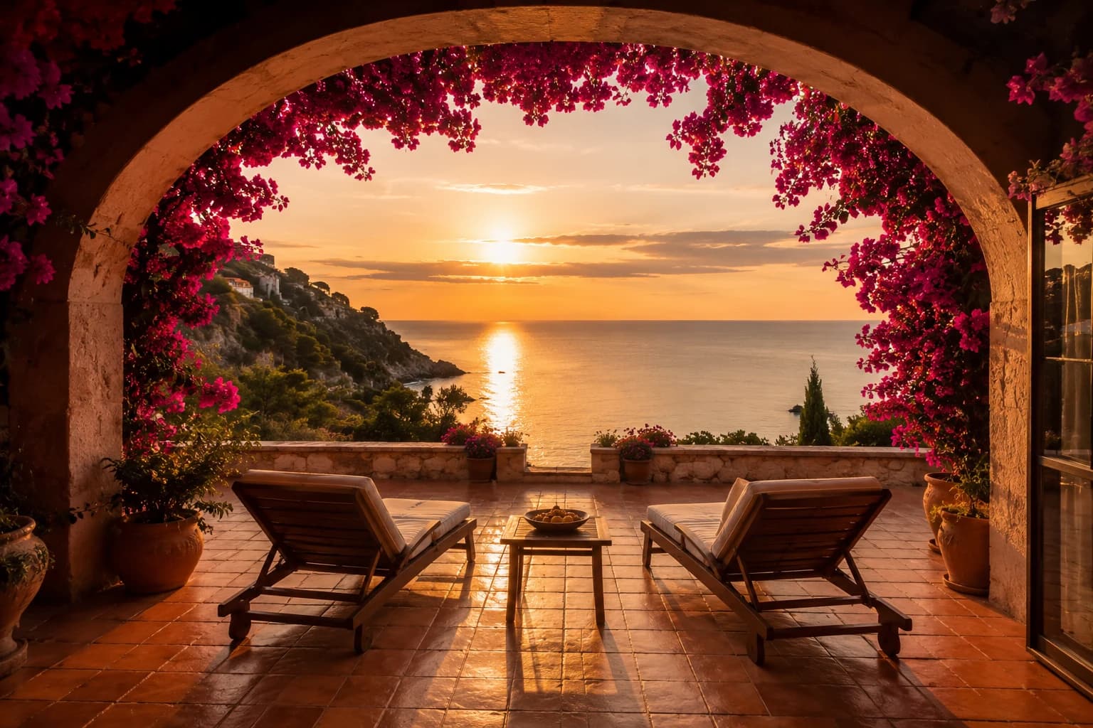 Luxury Spanish mountain resort terrace with sea view at golden hour