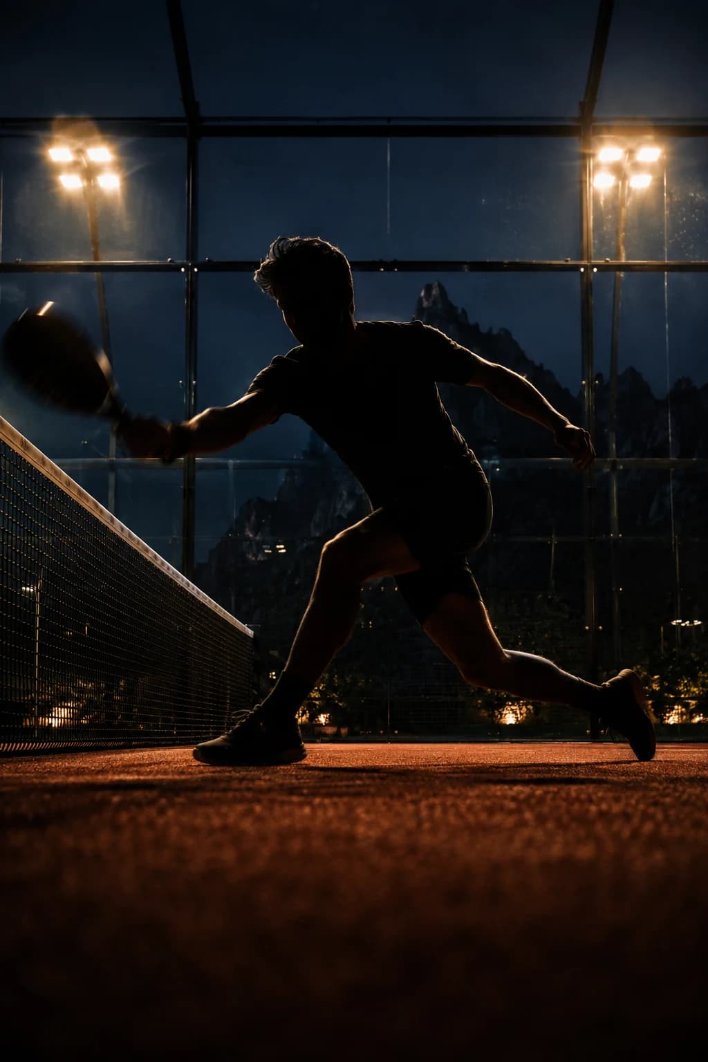Padel player hitting at the net, floodlit glass court, mountain silhouette at night