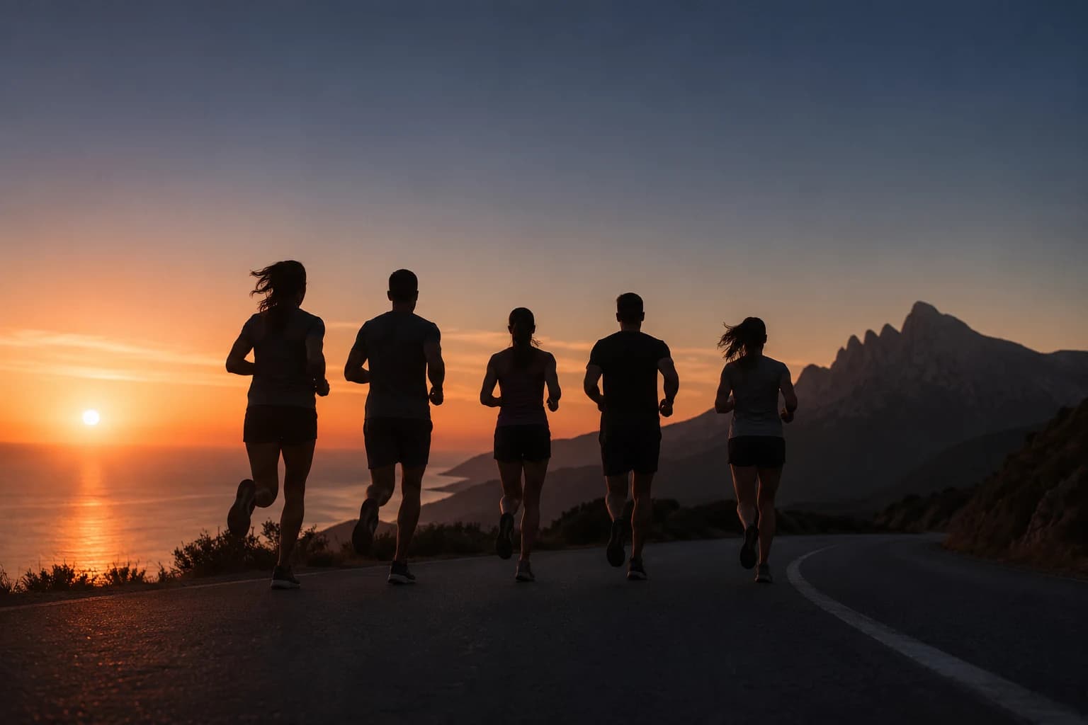 Runners silhouetted against a pre-dawn Sierra Cortina horizon, coastal mountain road