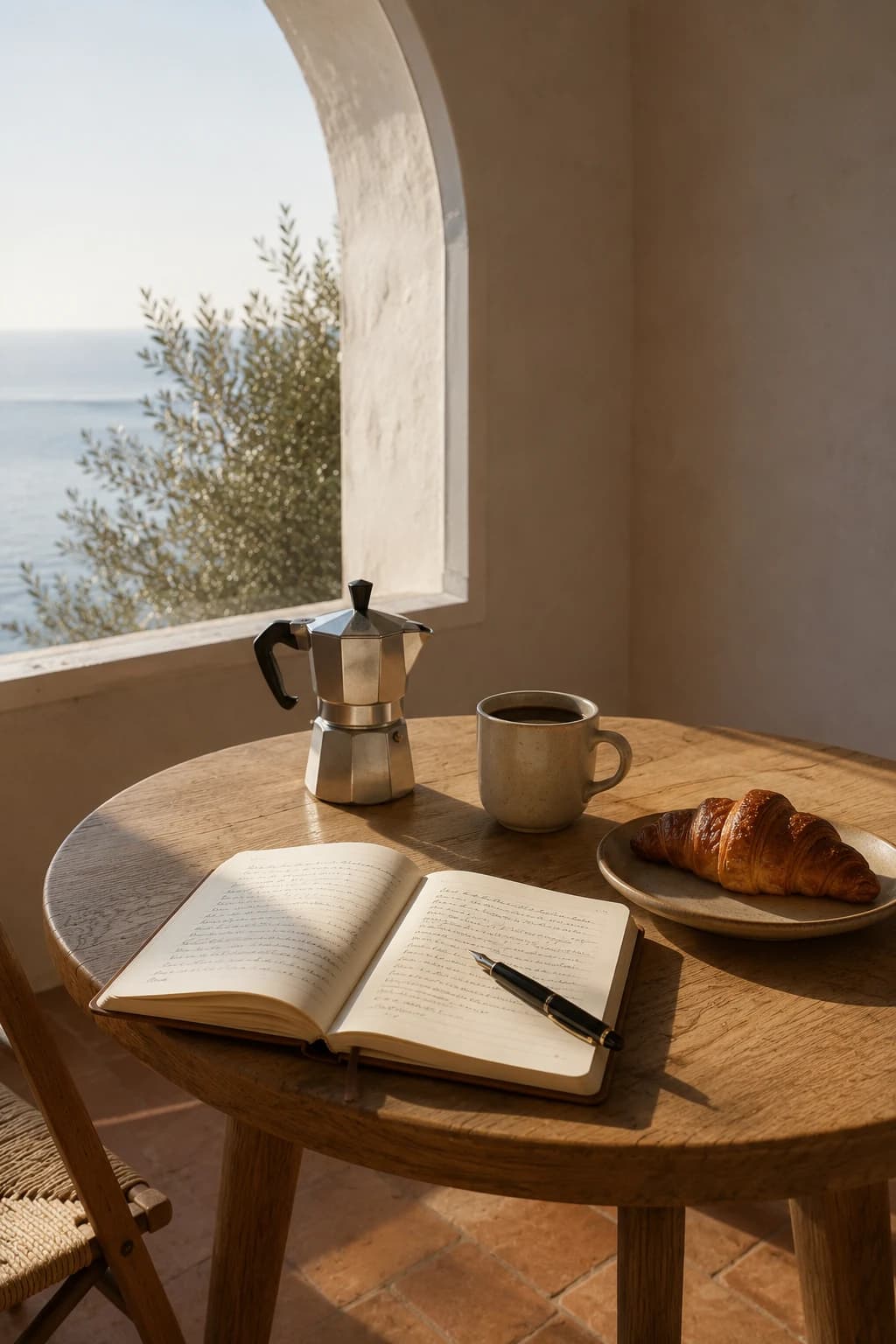 Morning ritual — moka pot, croissant, open journal, arched window and olive tree