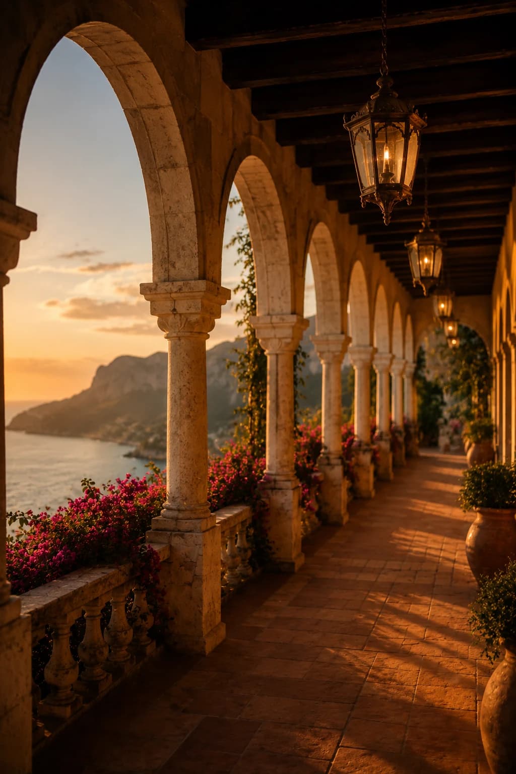 Mediterranean colonnade terrace with potted plants and sea view at golden hour